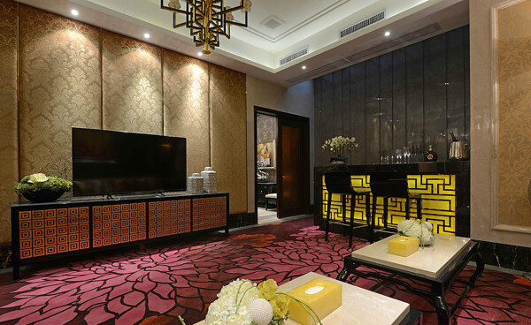 现代时尚客厅玫红色地毯室内装修效果图