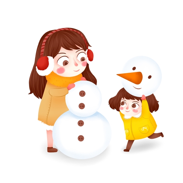 冬天一起堆雪人的小姐妹俩人物设计可商用元素