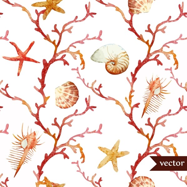 珊瑚贝壳水彩夏日海洋动物元素