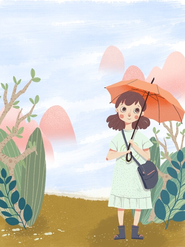 雨水春天节气少女打伞植物背景