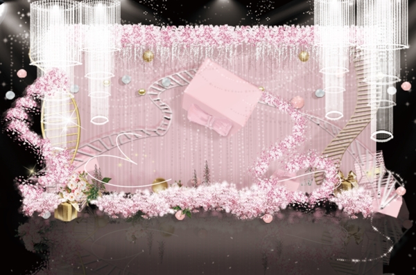粉色樱花婚礼礼物盒婚礼舞台仪式区效果图
