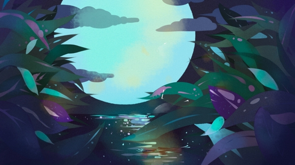 静谧夜晚树丛小溪背景卡通设计