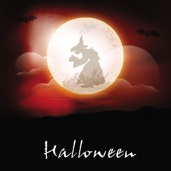 横幅或背景为万圣节晚上在红色背景上的月亮女巫的剪影