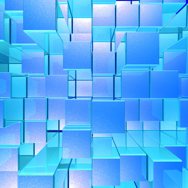 明亮的蓝色发光不透明的金属背景与艺术的立方体和广场