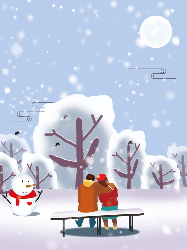 彩绘大雪节气情侣背景设计
