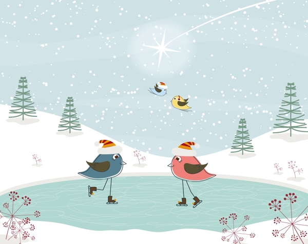 滑冰的卡通小鸟节背景