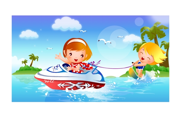 儿童水上冲浪运动矢量素材