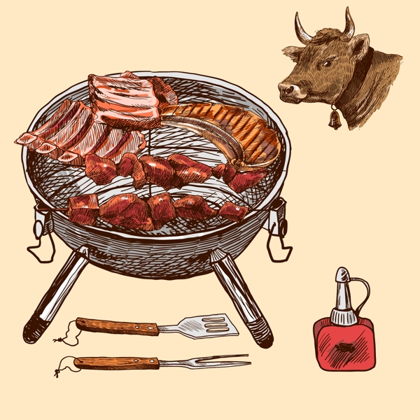 手绘烧烤牛肉插图