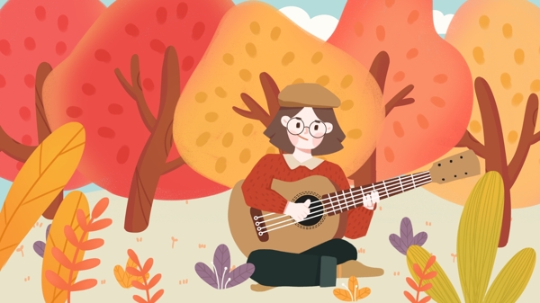 秋季秋天你好树林女孩弹吉他植物手绘插画
