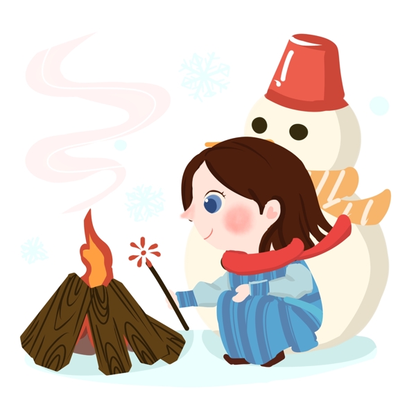 雪地活动之卡通女孩取暖PNG素材