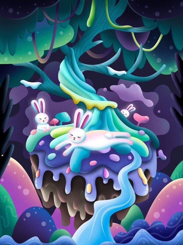 小兔子在大树上睡觉糖果渐融风格插画