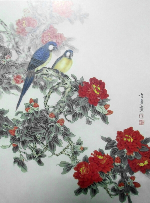 国画红花与鸟图片