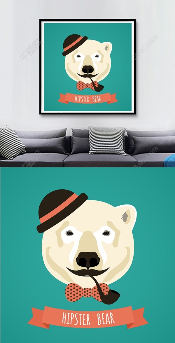 方形卡通北极熊头像高清客厅装饰画