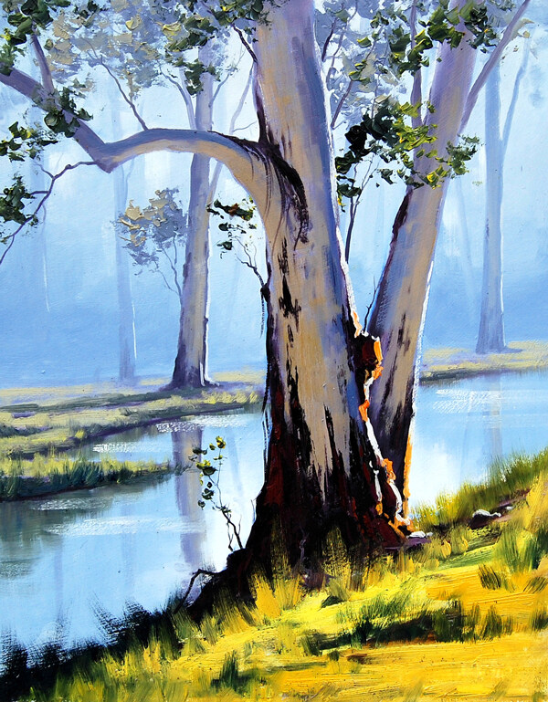 油画河畔树林图片
