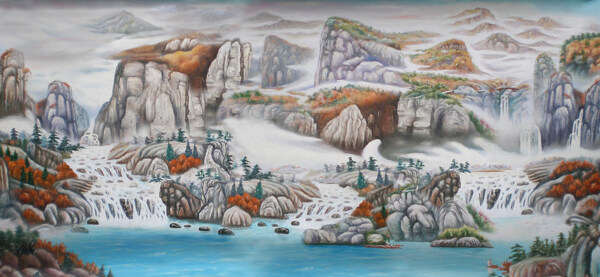 气势磅礴山水中堂风景油画