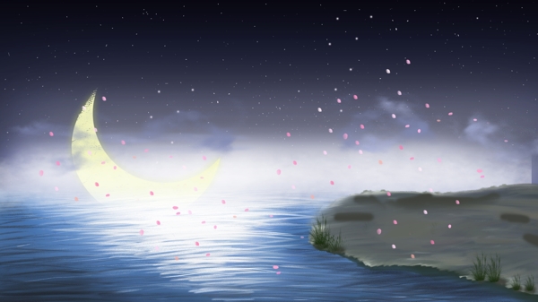 唯美海上升明月花瓣背景素材