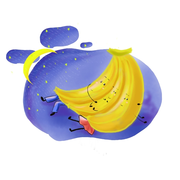 香蕉一家笑脸黄色蓝色月亮星星卡通可爱图案