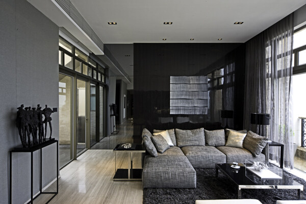 现代时尚客厅深灰色沙发室内装修效果图