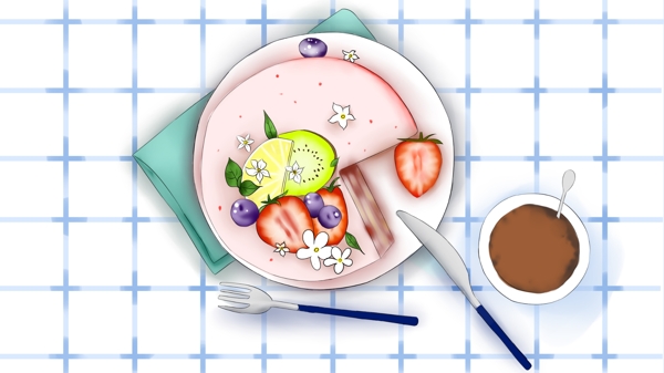 美食之城市草莓猕猴桃柠檬蓝莓奶油蛋糕插画
