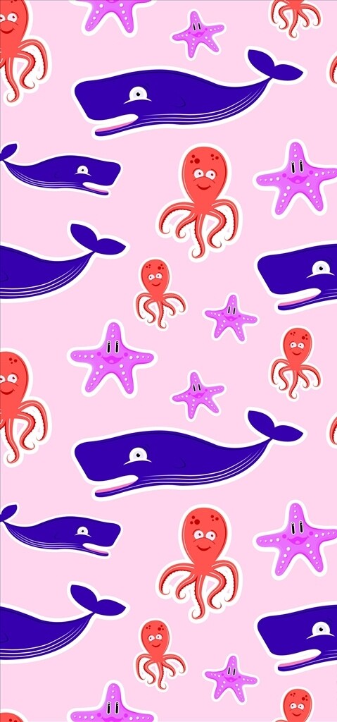 卡通鲸鱼章鱼海星四方连续底纹