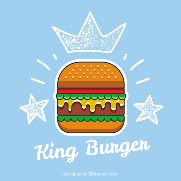 蓝色的背景与美味的汉堡和草图