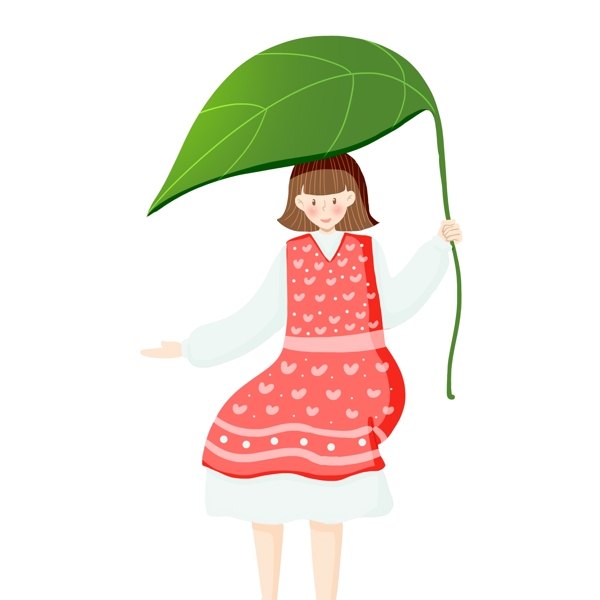 卡通小清新拿着树叶伞的女孩插画设计