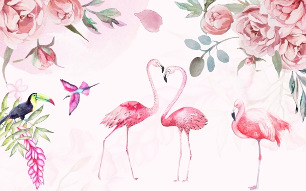 粉色中世纪火烈鸟水彩玫瑰背景墙