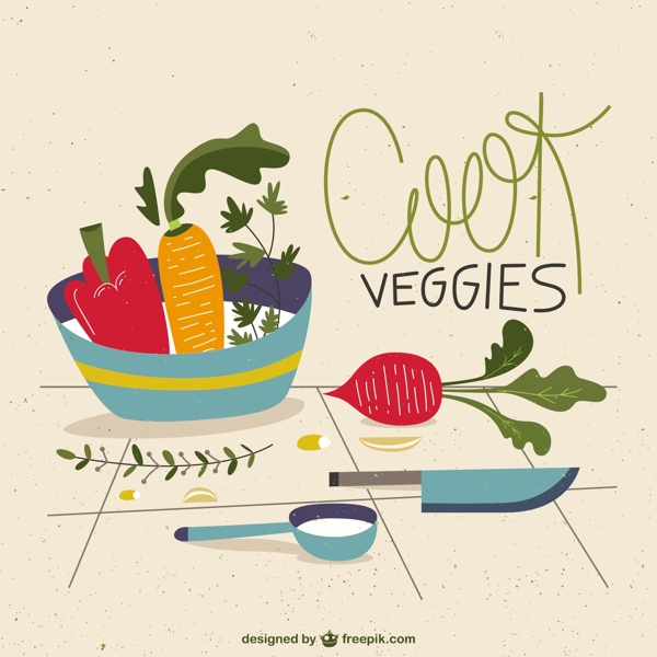彩绘蔬菜与厨具矢量素材图片