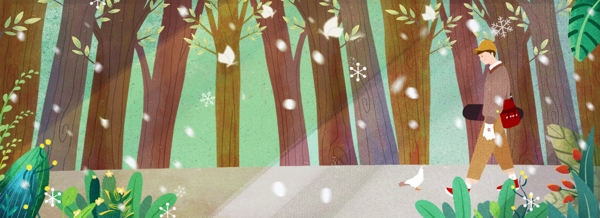晴朗冬日森林出行滑板男孩插画风背景