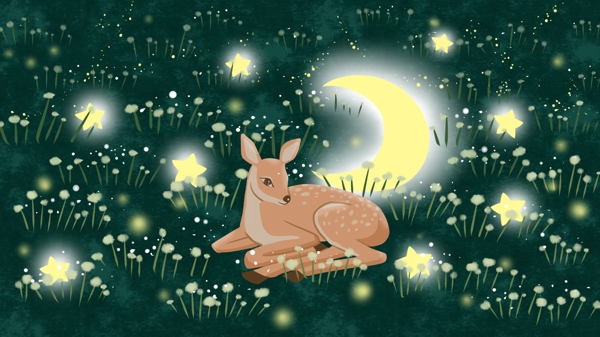 草丛中与星星月亮为伴的小鹿治愈系插画