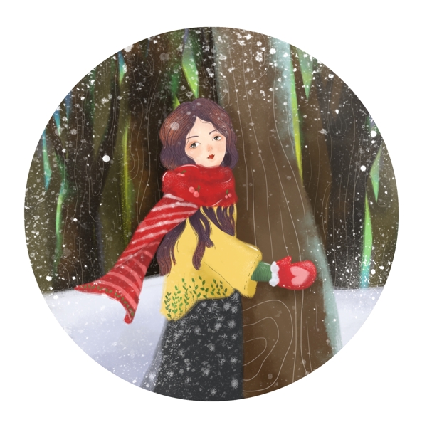 森系手绘插画冬季树边的少女场景小画PNG