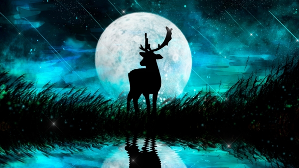 梦幻唯美治愈系倒影月亮与鹿