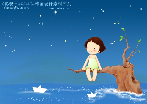 HanMaker韩国设计素材库背景卡通漫画可爱梦幻童年孩子女孩星空夜空树干