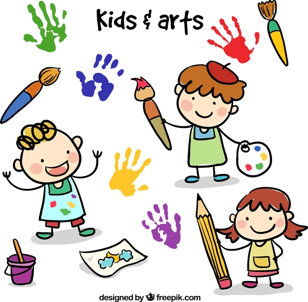 3款卡通绘画儿童和手印矢量素材