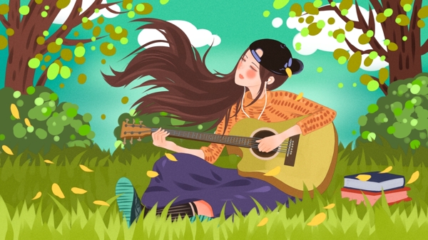 校园生活草坪上弹吉他的女大学生清新插画