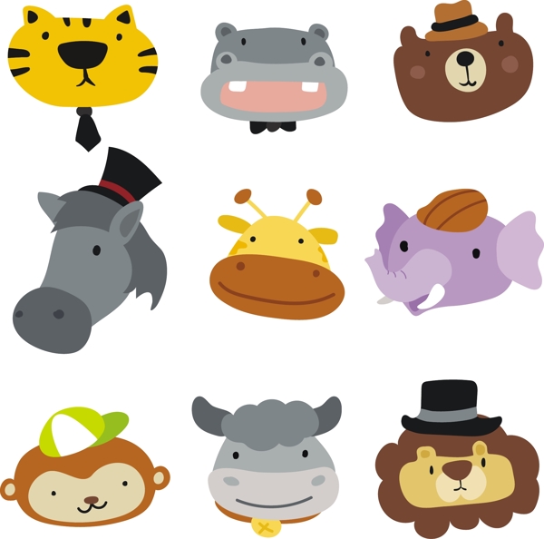 一组戴帽子的各种各样卡通动物头像