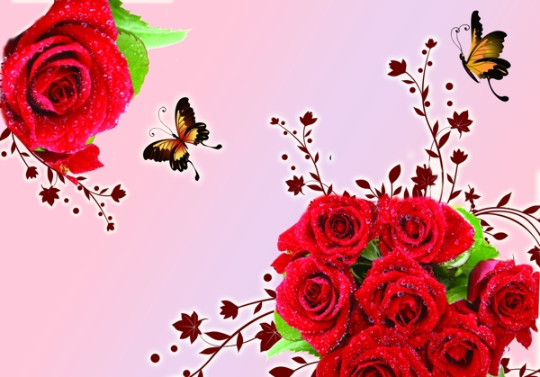 玫瑰花蝴蝶爱情壁纸壁画婚房