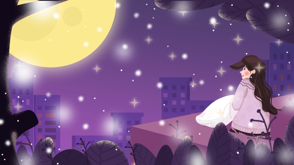原创晚安世界在阳台上看月亮的女孩
