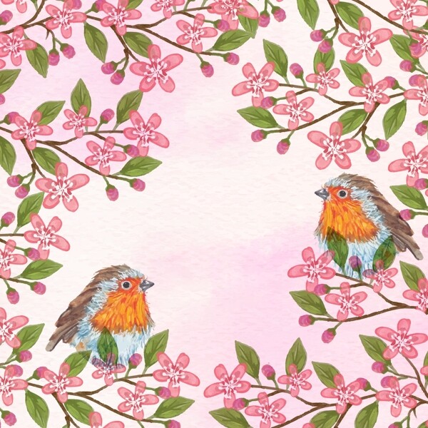 手绘水彩春季花卉小鸟插图