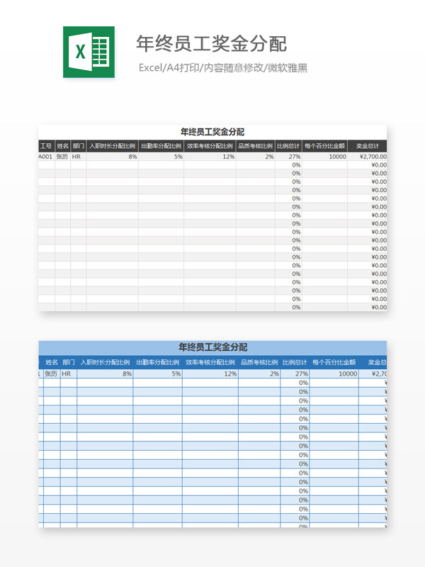 年终员工奖金分配Excel文档