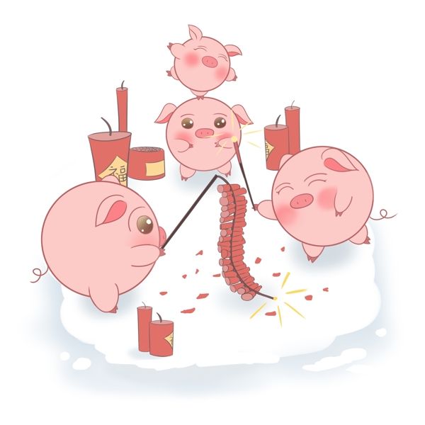 猪年卡通手绘小猪放鞭炮