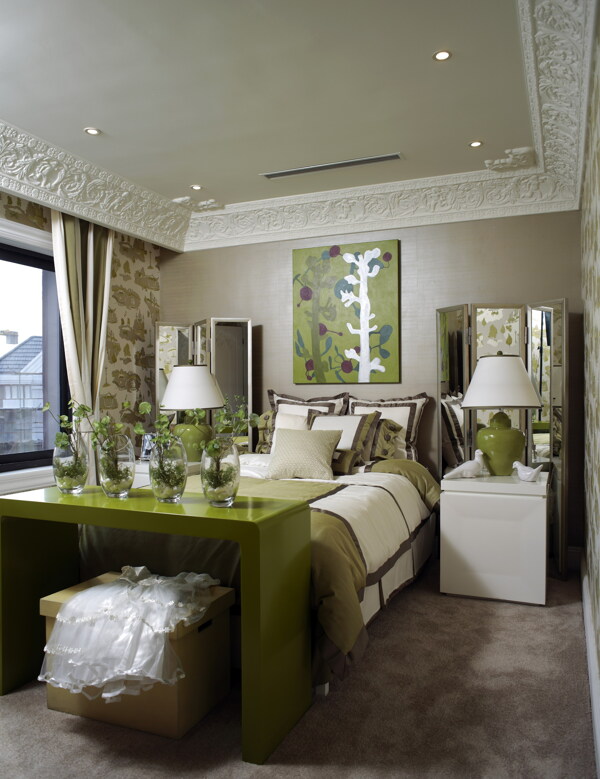 现代时尚绿色系卧室绿色桌子室内装修效果图
