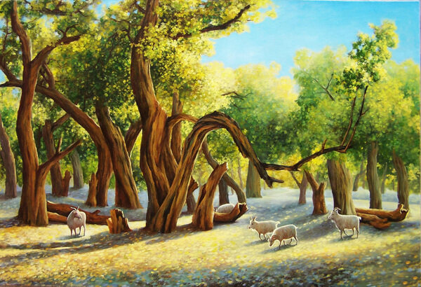 树与羊油画图片
