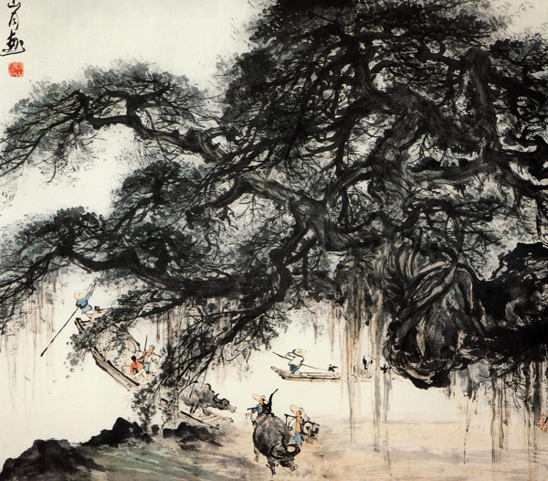 关山月现代国画古树渡口图片