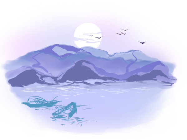 蓝紫色月下山水风景原创手绘插图