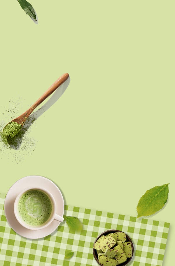 清新绿色抹茶简约漂浮叶子广告背景