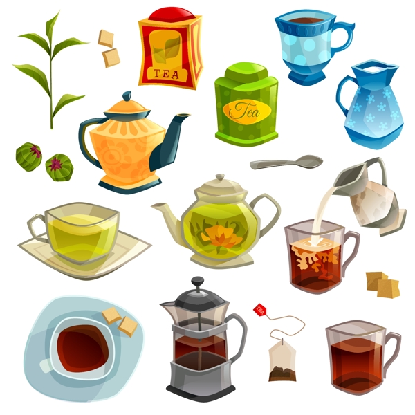 时尚传统茶具元素插画