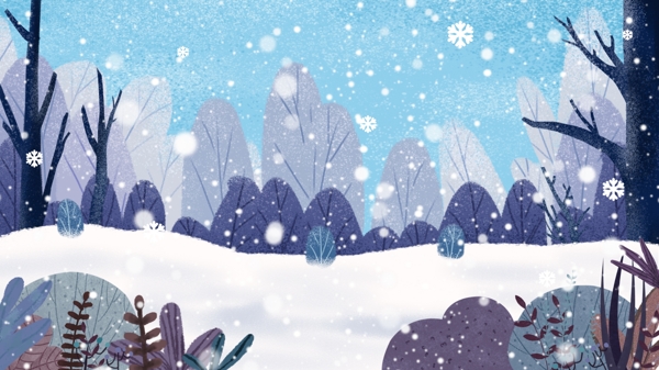 手绘树林中的雪花背景素材