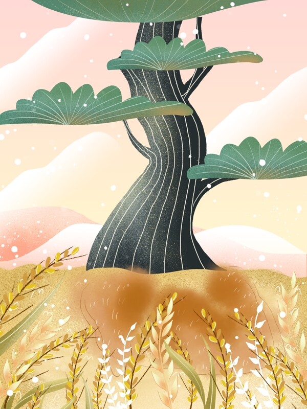 芒种节气麦穗大树背景设计