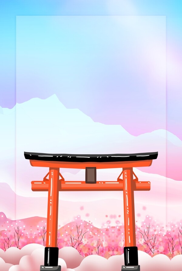 日系神社樱花背景海报